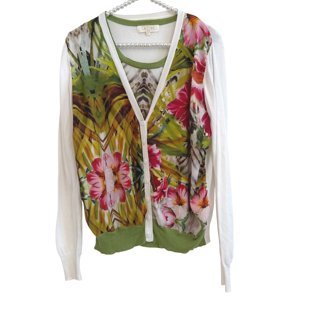 Vintage Y2K Cristina Tropical Floral Palm Cardigan Knit Tank Twin Set M/L
